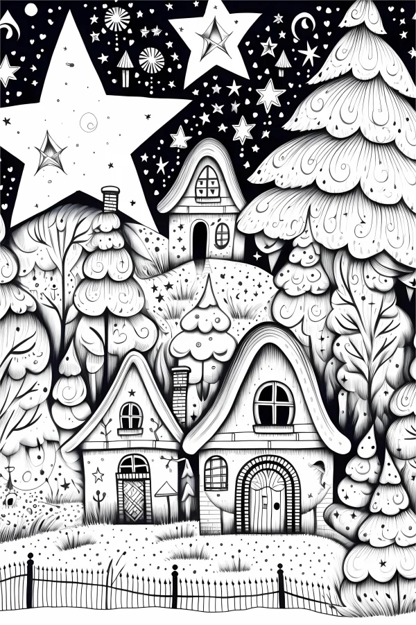 Winter fairy tale village cottages cluster, cartoon fairy tale style — free printable countryside coloring book page