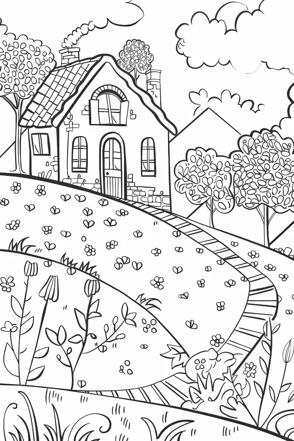 Cozy country cottage, cartoon style — free printable rural life coloring book page