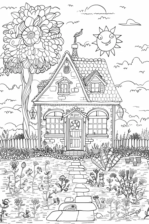 Fairy tale cottage, cartoon fairy tale style — free printable pastoral coloring book page