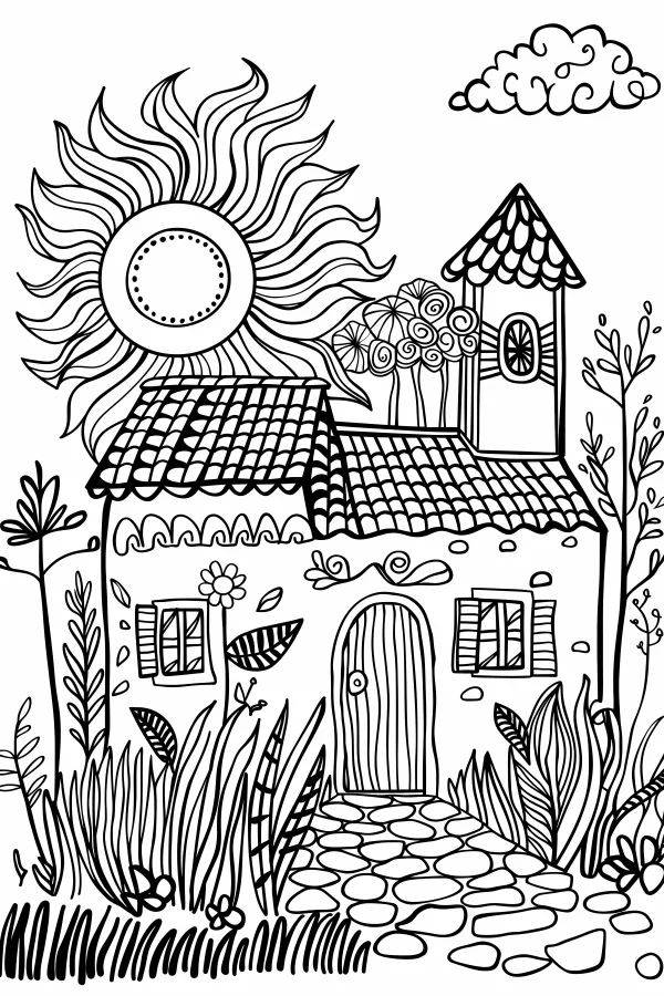Cute fairy tale cottage, cartoon style — free printable rural life coloring book page