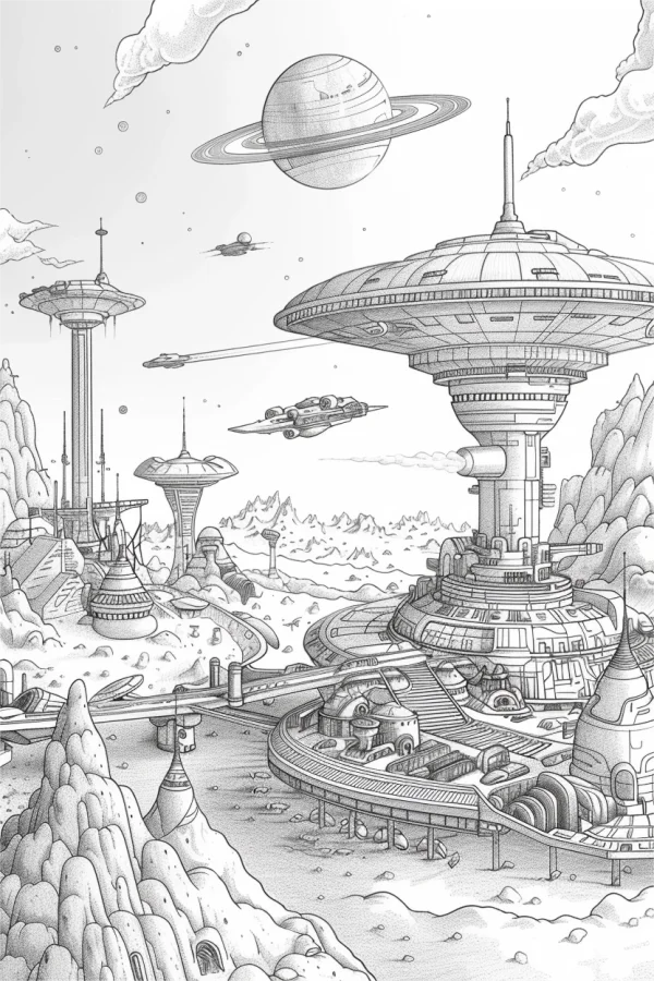 Alien futuristic city architecture, sci-fi style — free printable alien scene coloring book page