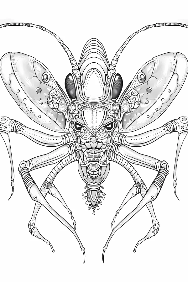 Anthropomorphic mechanical insect, sci-fi mechanical art style — free printable mechanical coloring book page
