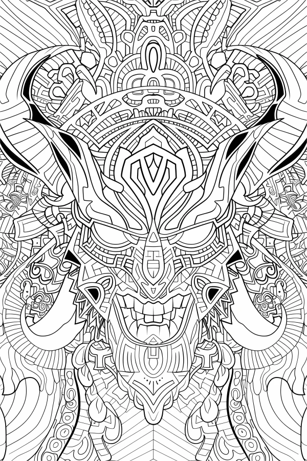 Mayan-style demon totem mask, intricate symmetrical geometric patterns — free printable indigenous culture coloring book page