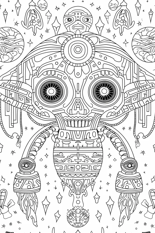 Mechanical totem skull, sci-fi tribal and mechanical style — free printable indigenous culture coloring book page
