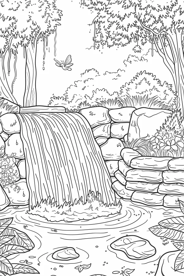 Forest waterfall stream scene, realistic line art style — free printable waterfall coloring book page