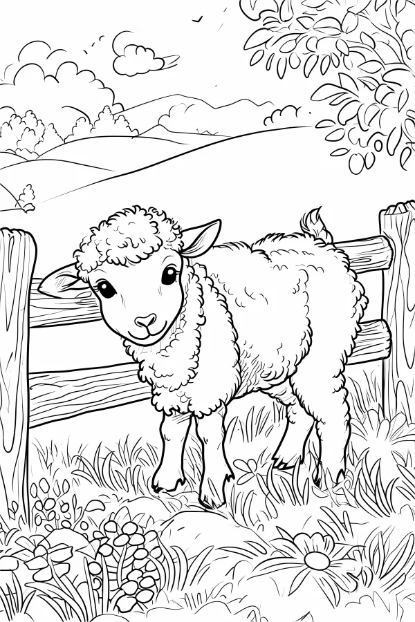 Cute lamb in pastoral scene, cartoon style — free printable pastoral coloring book page