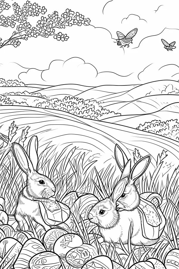 Easter bunnies with decorated eggs, cartoon pastoral style — free printable pastoral coloring book page