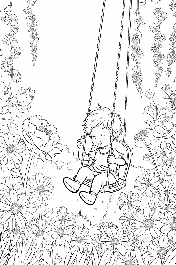 Little boy swinging in a flower field, cartoon style — free printable childhood coloring book page