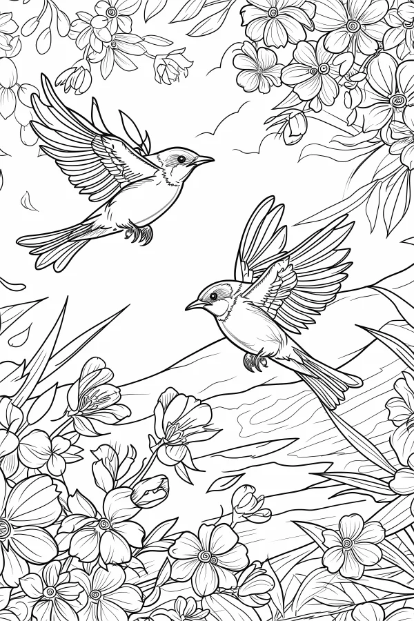 Two flying birds surrounded by blooming flowers and various plants, idyllic nature landscape — free printable spring coloring book page