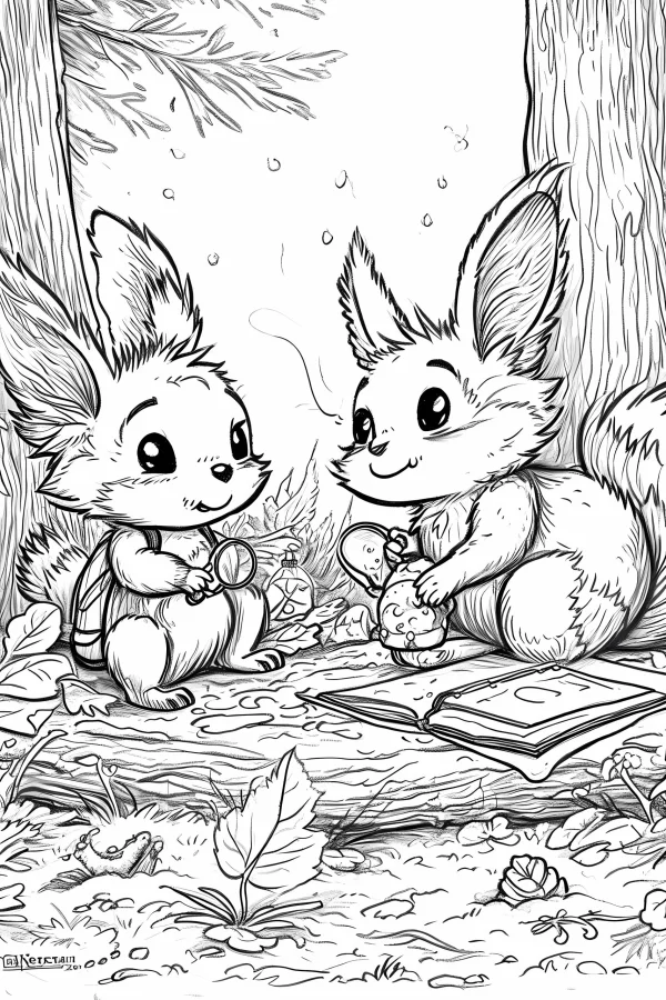 Two cute long-eared cartoon small animals in forest, cartoon style — free printable outdoor adventure coloring book page