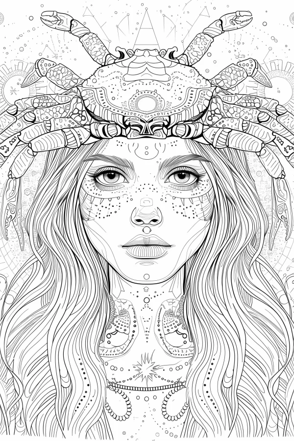 Fantasy girl with crab headdress, tribal style — free printable mystery coloring book page