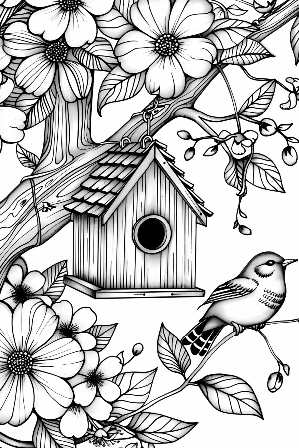 Birdhouse and small bird perched on tree branch, surrounded by blooming flowers — free printable spring coloring book page