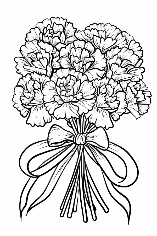 Carnation bouquet with decorative bow, realistic line art — free printable mother's day coloring book page