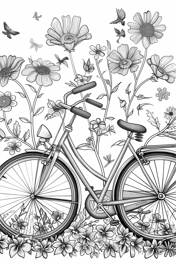 Bicycle surrounded by various flowers and butterflies, sketch style — free printable cycling coloring book page
