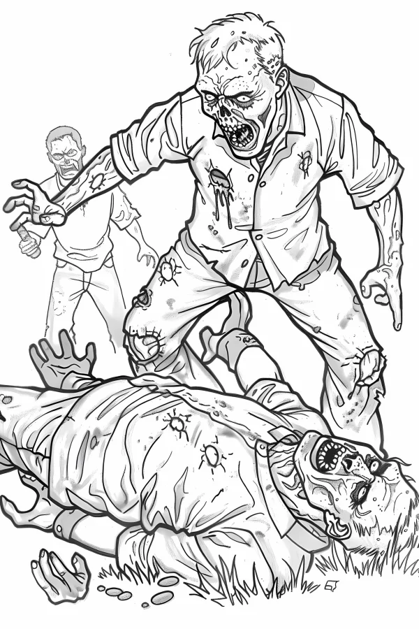 Horror zombie group, horror realistic illustration style — free printable apocalypse coloring book page