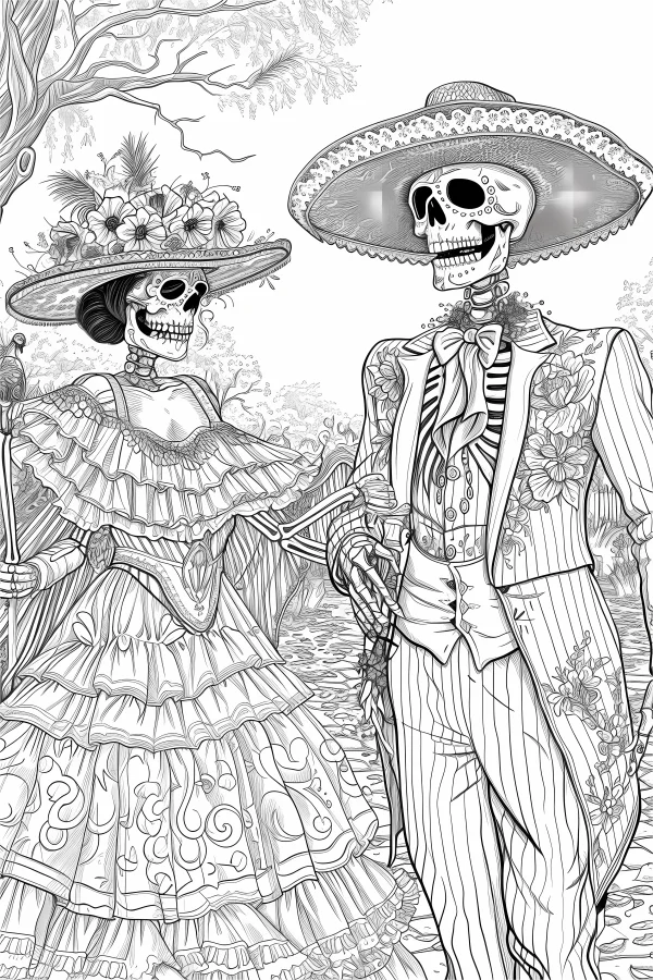 Elaborately dressed day of the dead skeleton couple in traditional costumes with sombreros, latin american style — free printable latin american culture coloring book page
