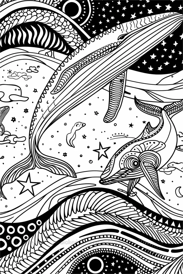 Zentangle style whales and dolphins, in starry night ocean with waves — free printable starry sky coloring book page