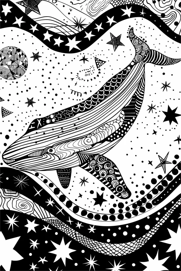 Decorative whale with zentangle patterns, starry sky background with various stars and dots — free printable starry sky coloring book page