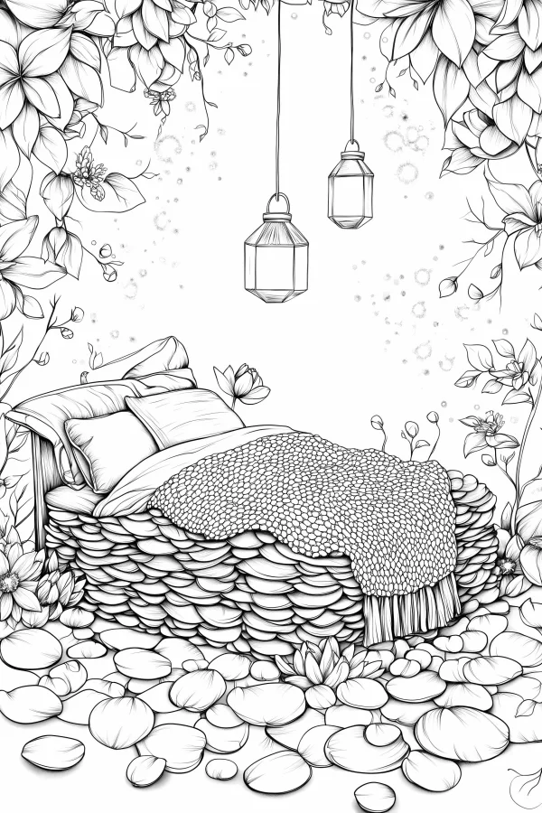 Cozy bedroom surrounded by lush plants and flowers, with bed — free printable natural plants coloring book page