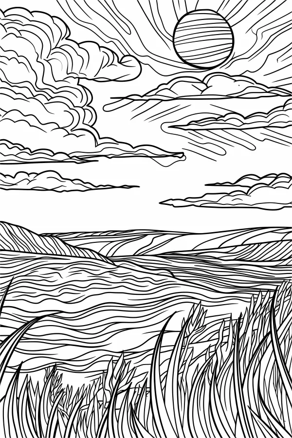 Prairie field landscape with sky, clouds and sun — free printable grassland coloring book page