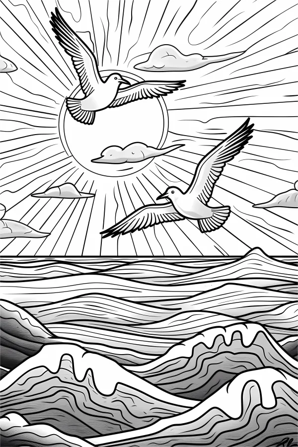 Seagulls flying over ocean waves, realistic line art style — free printable birds coloring book page