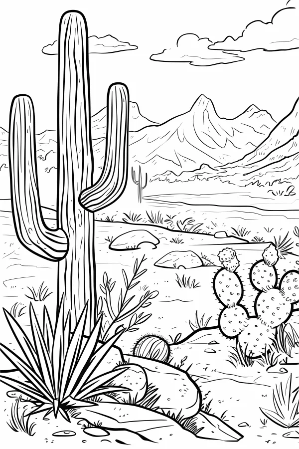 Desert landscape with giant saguaro cactus and prickly pear, realistic line art — free printable desert coloring book page