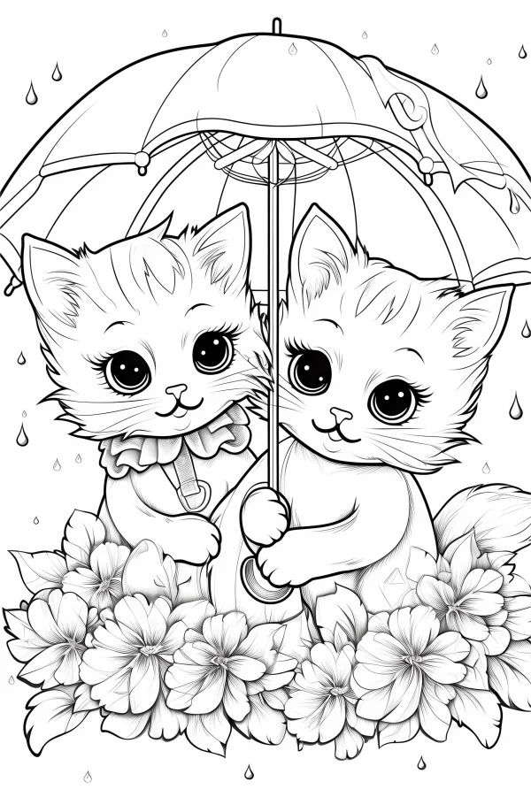 Two cute cartoon kittens holding an umbrella, surrounded by large flowers — free printable daily scene coloring book page