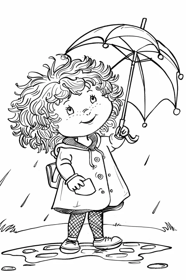 Curly-haired little girl holding an umbrella in the rain, cartoon style — free printable daily life coloring book page