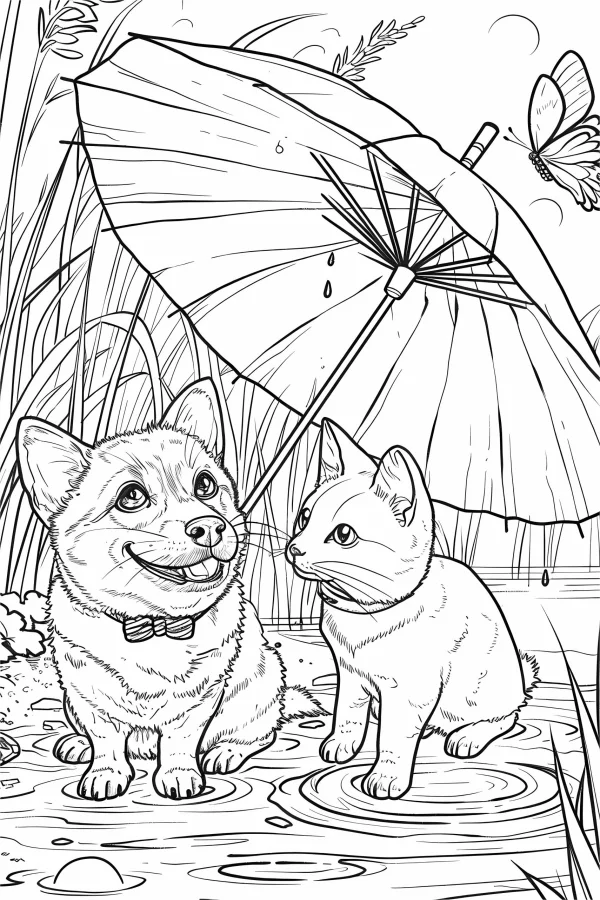 Cute corgi and cat sitting in puddles under an umbrella, cartoon style — free printable rainy season coloring book page