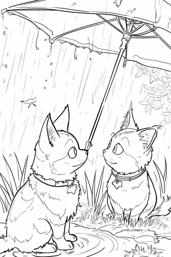 Two cute cartoon cats sharing an umbrella in the rain, cartoon style — free printable rainy season coloring book page