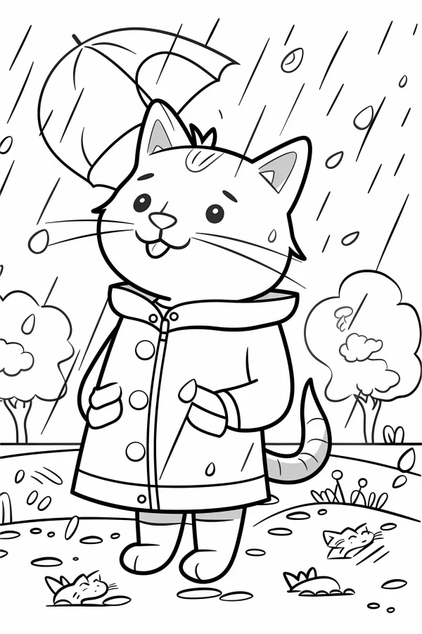 Cute cat wearing raincoat holding an umbrella, cartoon style — free printable rainy days coloring book page