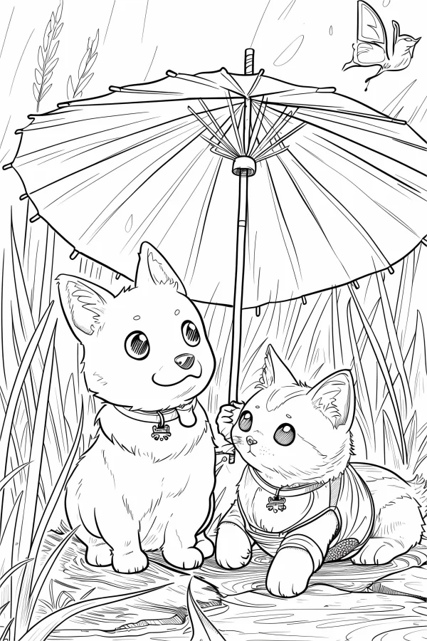 Cute dog and cat holding an oil paper umbrella on a rainy day, cartoon style — free printable other life themes coloring book page