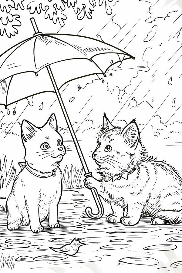 Two cute cats in the rain, one holding an umbrella — free printable rainy season coloring book page