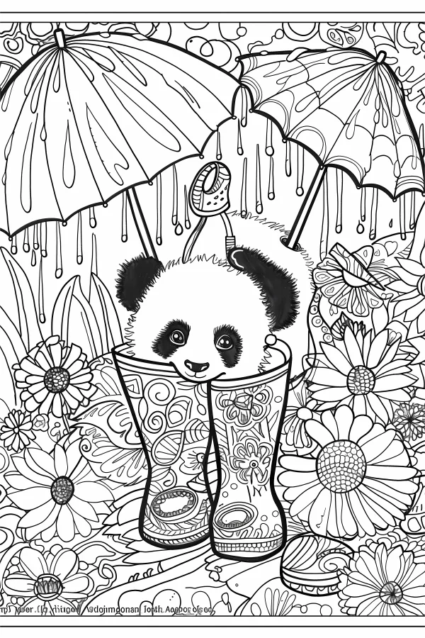 Cute panda sitting inside decorative rain boots, cartoon style — free printable rainy season coloring book page