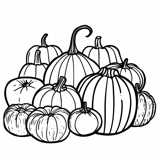 Various shapes of pumpkins combination, thanksgiving autumn theme — free printable thanksgiving coloring book page