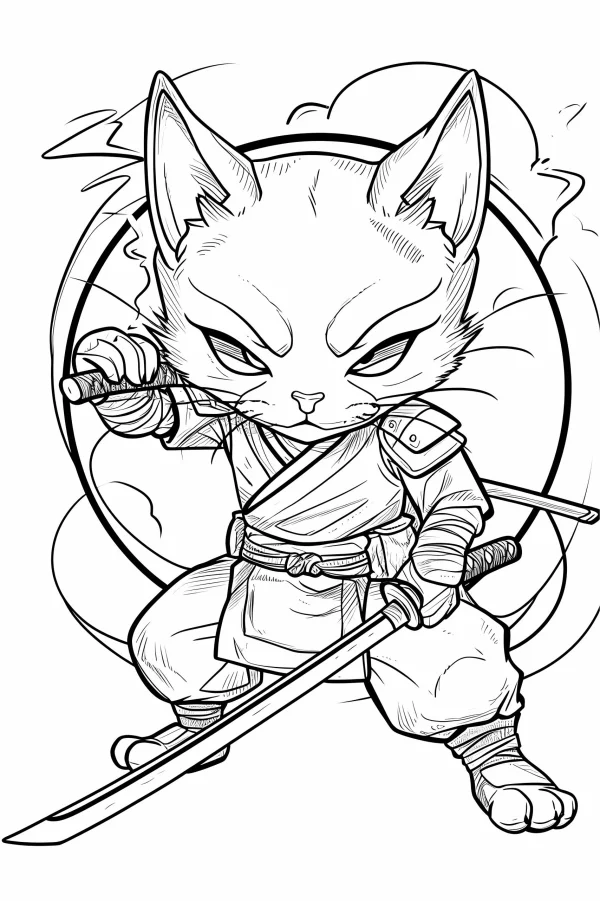Samurai cat holding katana, cartoon style — free printable samurai coloring book page