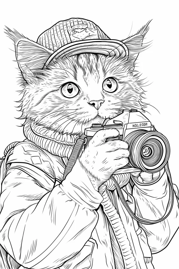 Cute cat wearing baseball cap and holding a rolleon camera, cartoon style — free printable photography coloring book page