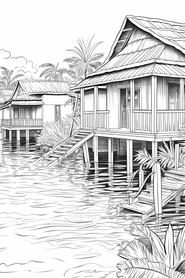 Stilted wooden houses over water, realistic line art style — free printable southeast asia coloring book page