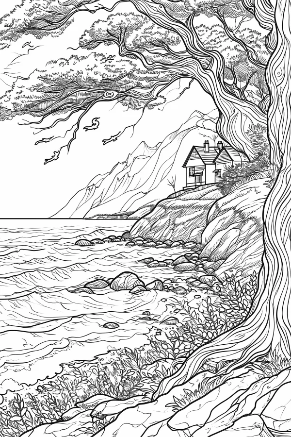 Coastal mountain cottage landscape, realistic illustration style — free printable rural life coloring book page