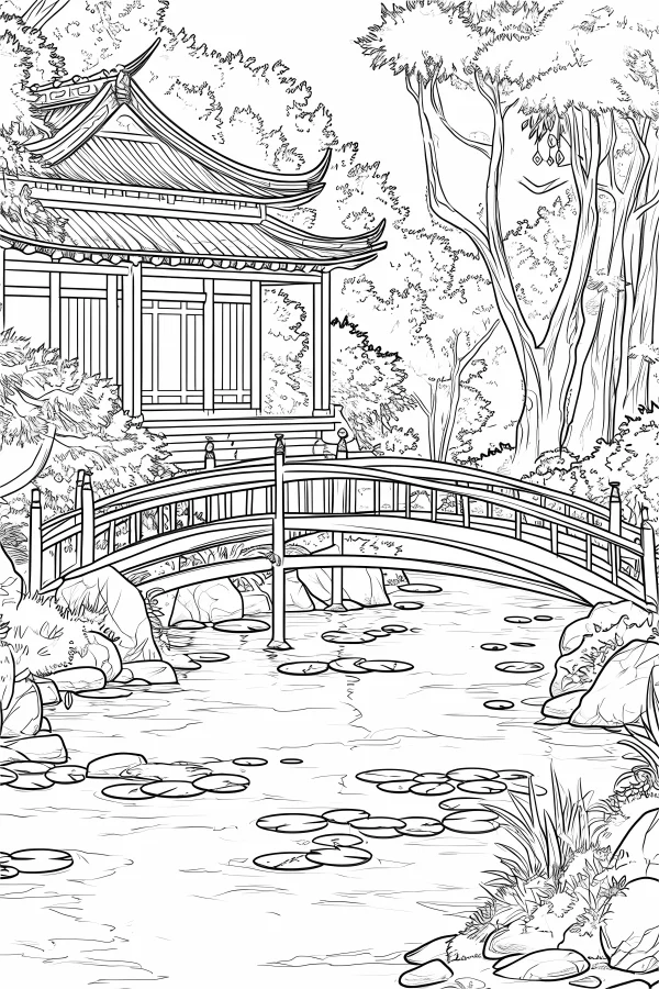Chinese garden pavilion and arched bridge, chinese style — free printable gardens coloring book page