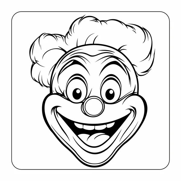 Funny clown head with fluffy curly hair, cartoon style — free printable entertainment coloring book page