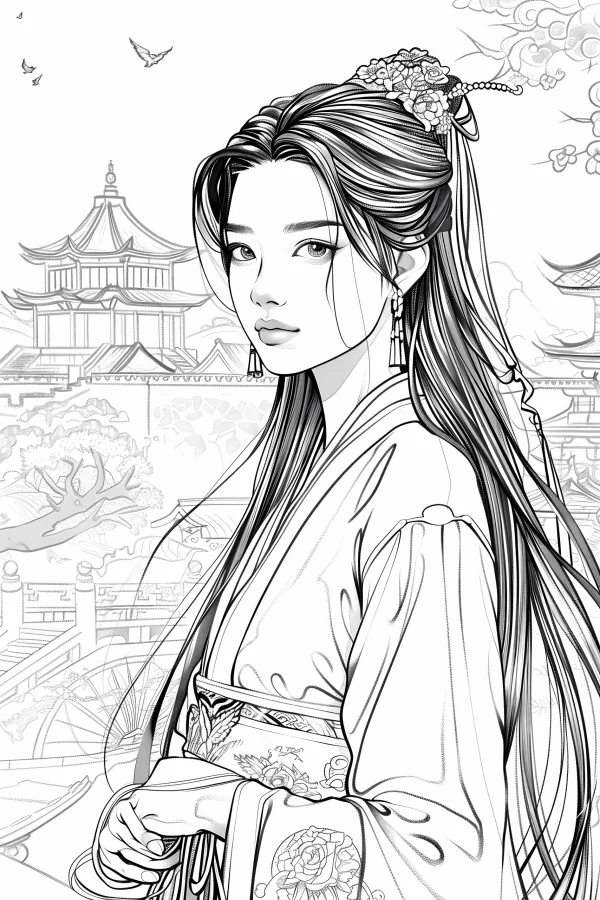 Ancient chinese long-haired woman in traditional hanfu, chinese style — free printable ancient architecture coloring book page