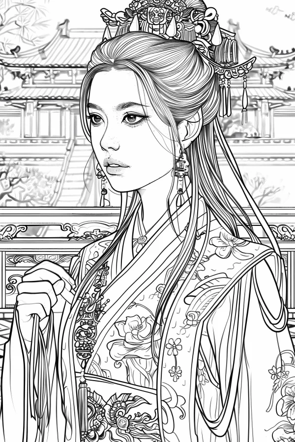 Ancient chinese palace lady, chinese style — free printable palace coloring book page