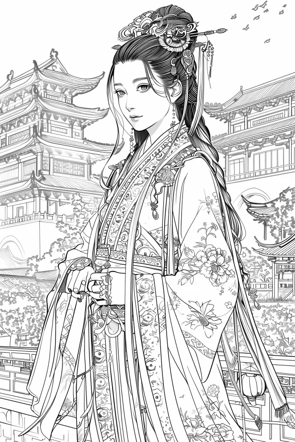 Ancient chinese hanfu girl, chinese style — free printable classical scene coloring book page