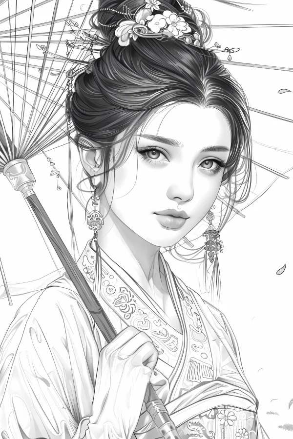 Ancient chinese woman holding oiled paper umbrella, chinese traditional style — free printable classical coloring book page