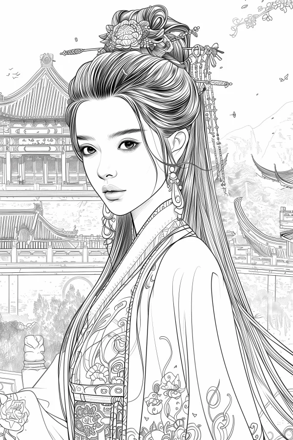 Chinese classical woman in hanfu with traditional hair accessories, chinese style — free printable classical figures coloring book page