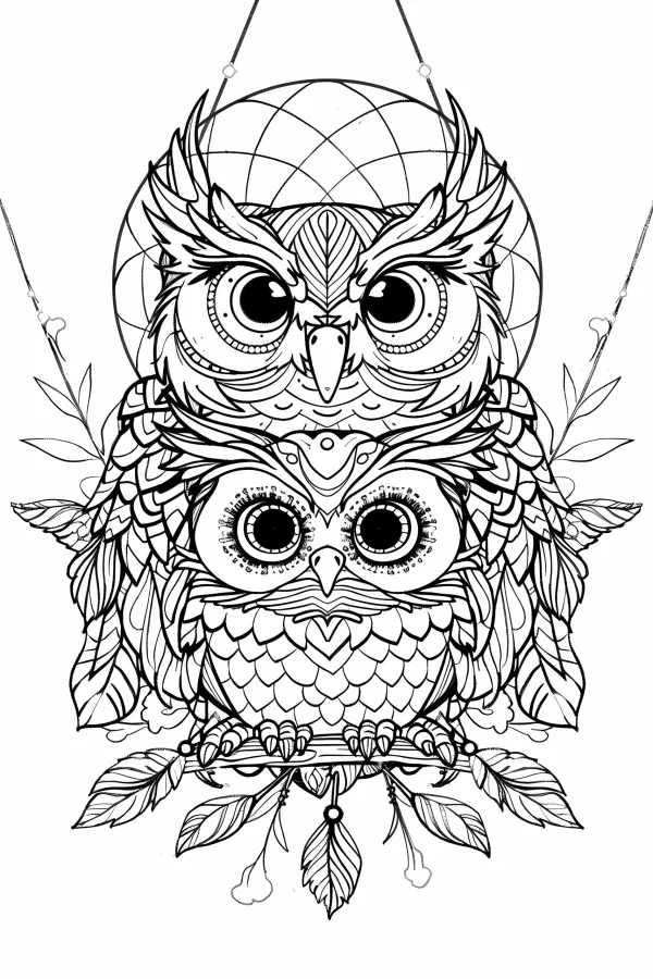 Owl dreamcatcher with two owls perched on a branch, zentangle style — free printable indigenous culture coloring book page