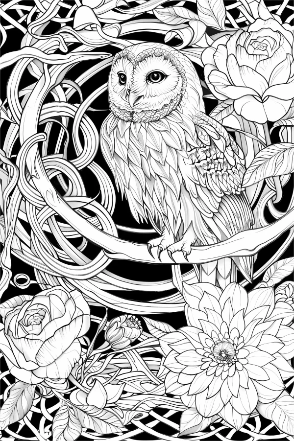 Barn owl perched on branch surrounded by celtic knot patterns, roses — free printable celtic coloring book page