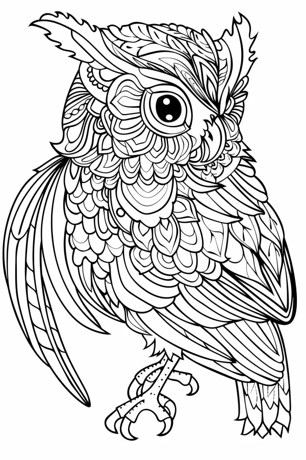 Zentangle-style owl, intricate repetitive symmetrical patterns — free printable birds coloring book page