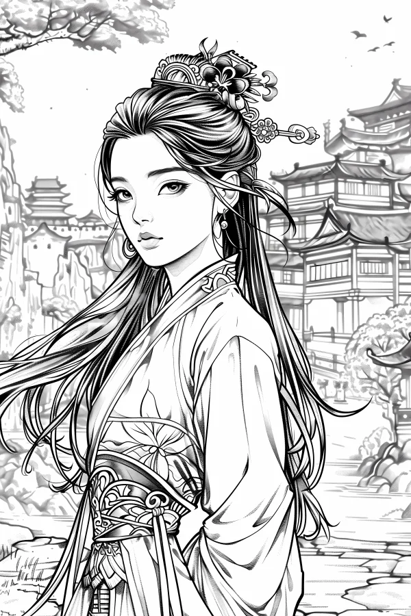 Ancient chinese hanfu woman with elegant hair accessories, chinese style — free printable ancient architecture coloring book page